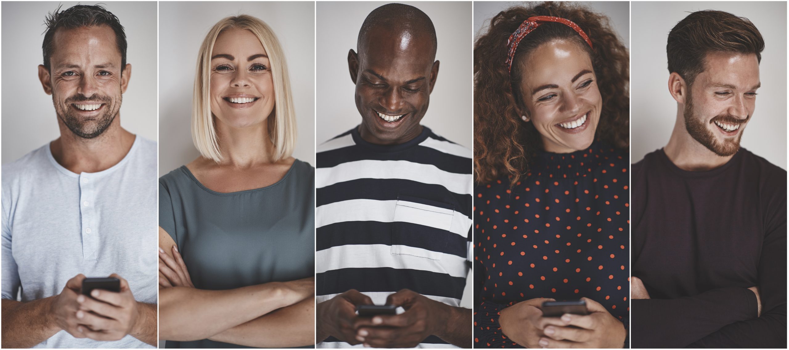 Collage of a smiling group of ethnically diverse young entrepreneurs standing against a gray background